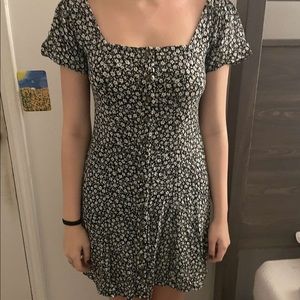 blue and white floral print dress